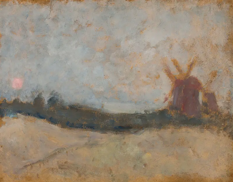 Pejzaż z wiatrakami by Tadeusz Makowski, oil on canvas depicting windmills in a tranquil countryside.
