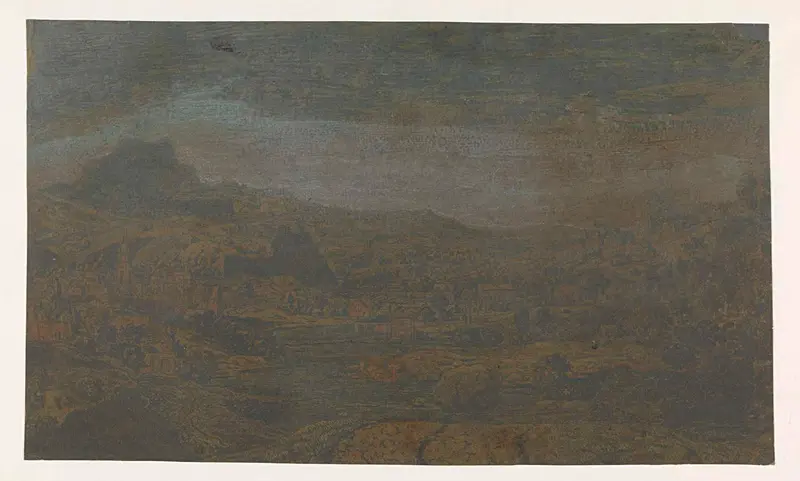 Valley with a river and a town with four towers, etching by Hercules Segers