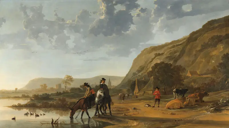 Two Dutch officers on horseback pause by a river with a horse drinking, cows, a man in a red coat, a dog, ducks, birds, trees, hills, and a village in the distance.