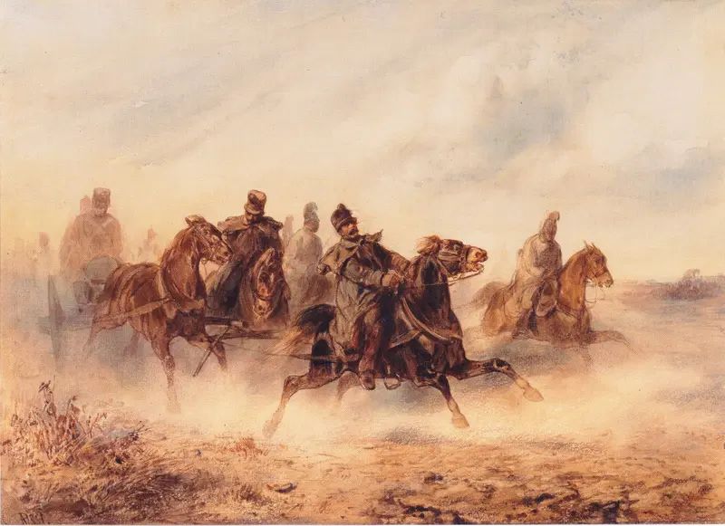 A dynamic scene of cavalry in motion, with riders and horses enveloped in dust against a muted landscape.