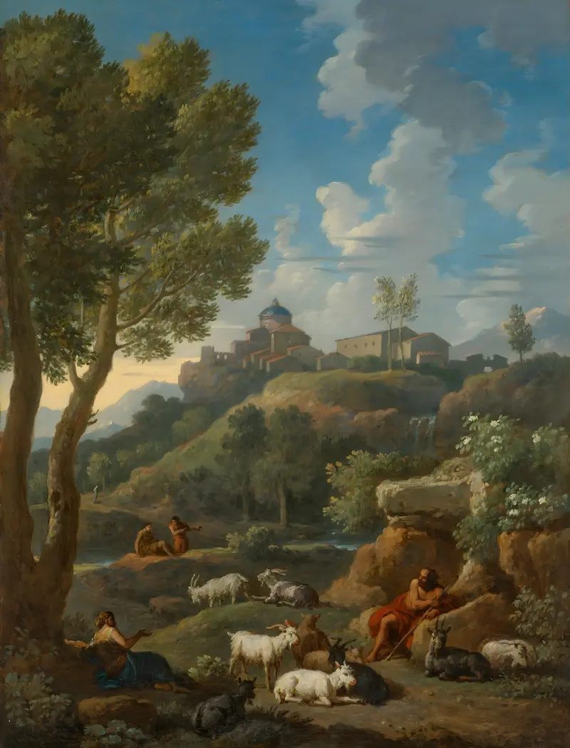 A classical Italianate landscape with a shepherd and flock, oil on canvas by Jan Frans Van Bloemen