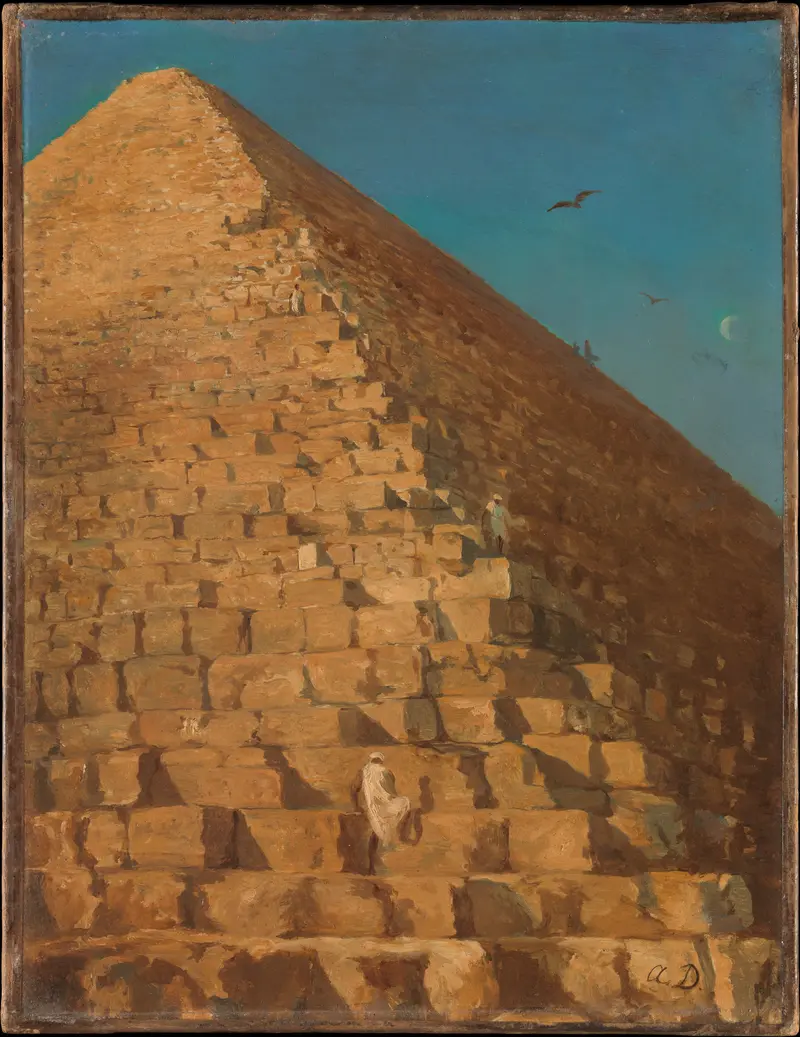 Oil painting by Adrien Dauzats depicting the Great Pyramid in a desert landscape.