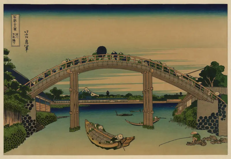 Fukagawa mannenbashi sita woodblock print by Katsushika Hokusai depicting figures by a river