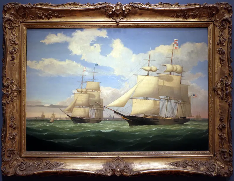 Boston Harbor by Fitz Henry Lane, oil painting depicting calm waters and ships under sunlight