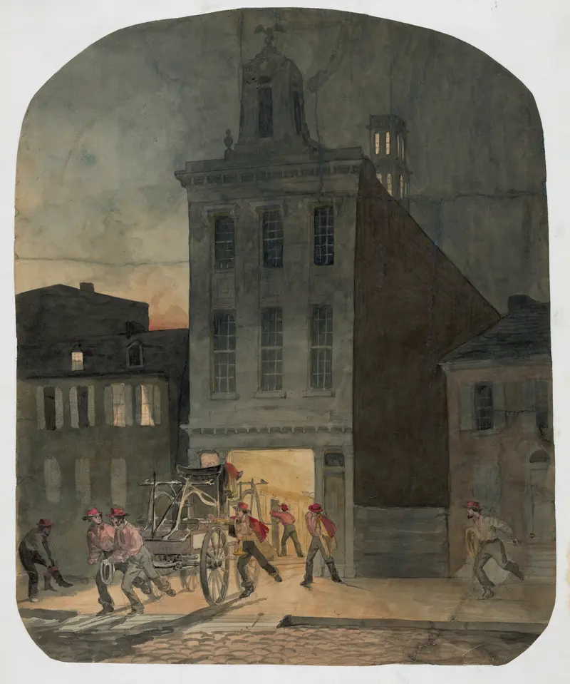 Firehouse scene in Philadelphia, oil on canvas by James Fuller Queen