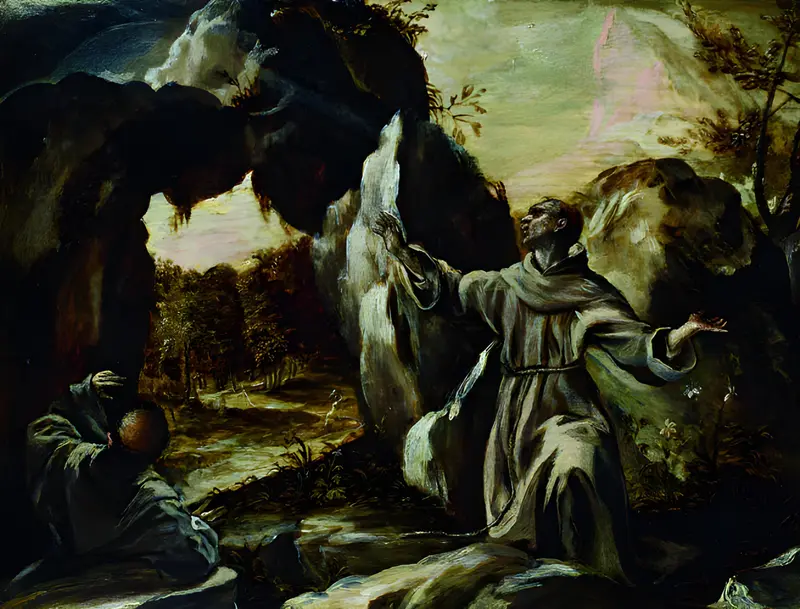 Saint Francis of Assisi kneeling in rocky solitude, receiving the stigmata from a seraphic angel.