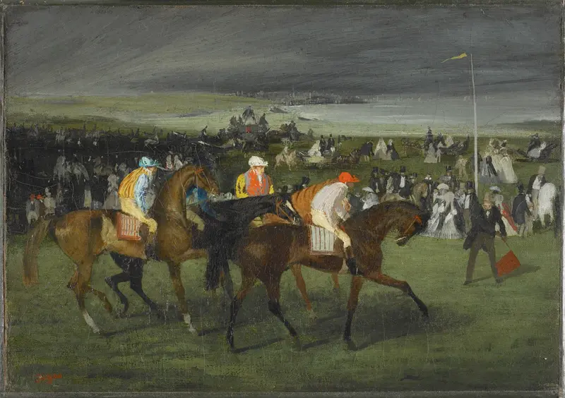At the Races: The Start, oil on canvas by Hilaire-Germain-Edgar Degas, depicting horses at the start of a race.