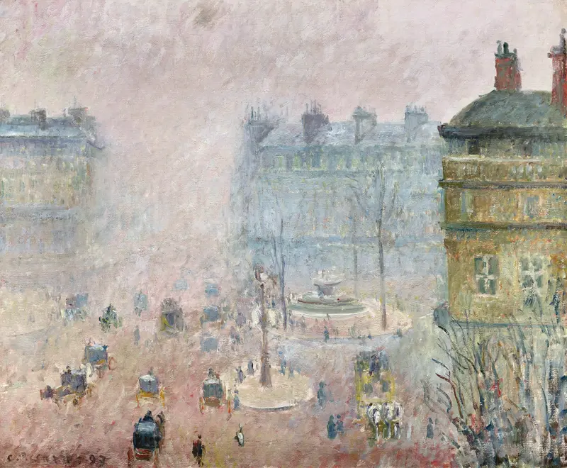 Foggy landscape with figures by Camille Pissarro, oil on canvas