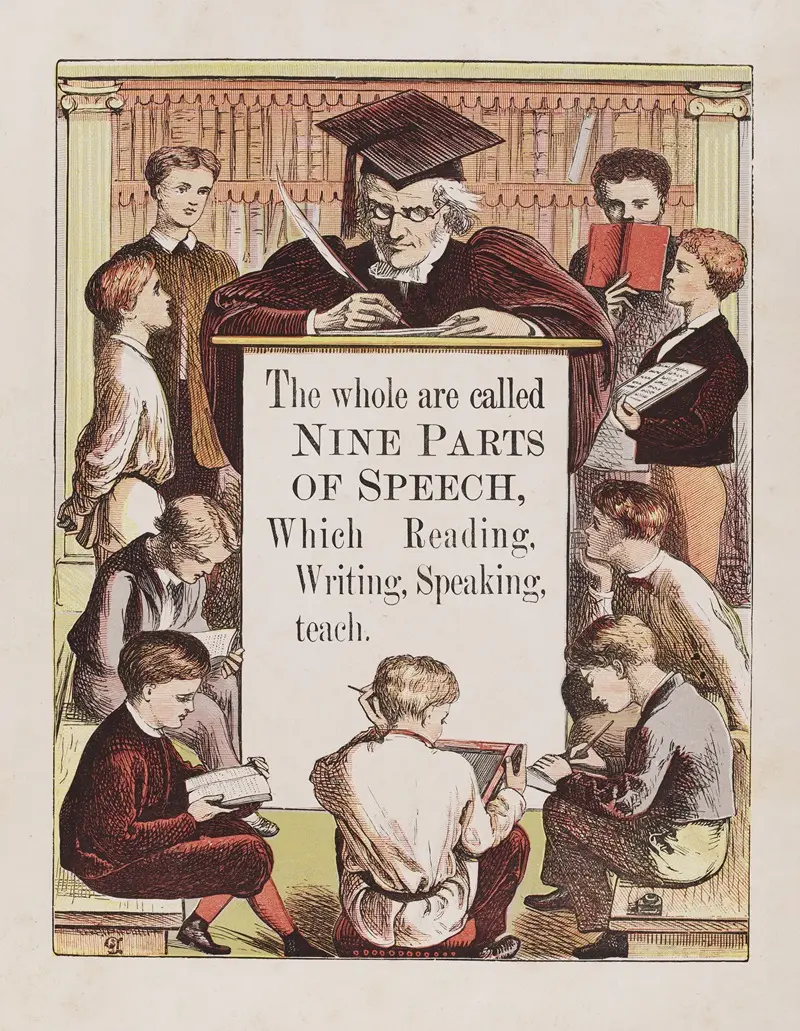 Walter Crane's 'Nine parts of speech' illustrates the elements of language through vibrant imagery.