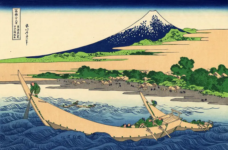 Woodblock print by Katsushika Hokusai depicting a boat on Tago Bay with gentle waves.
