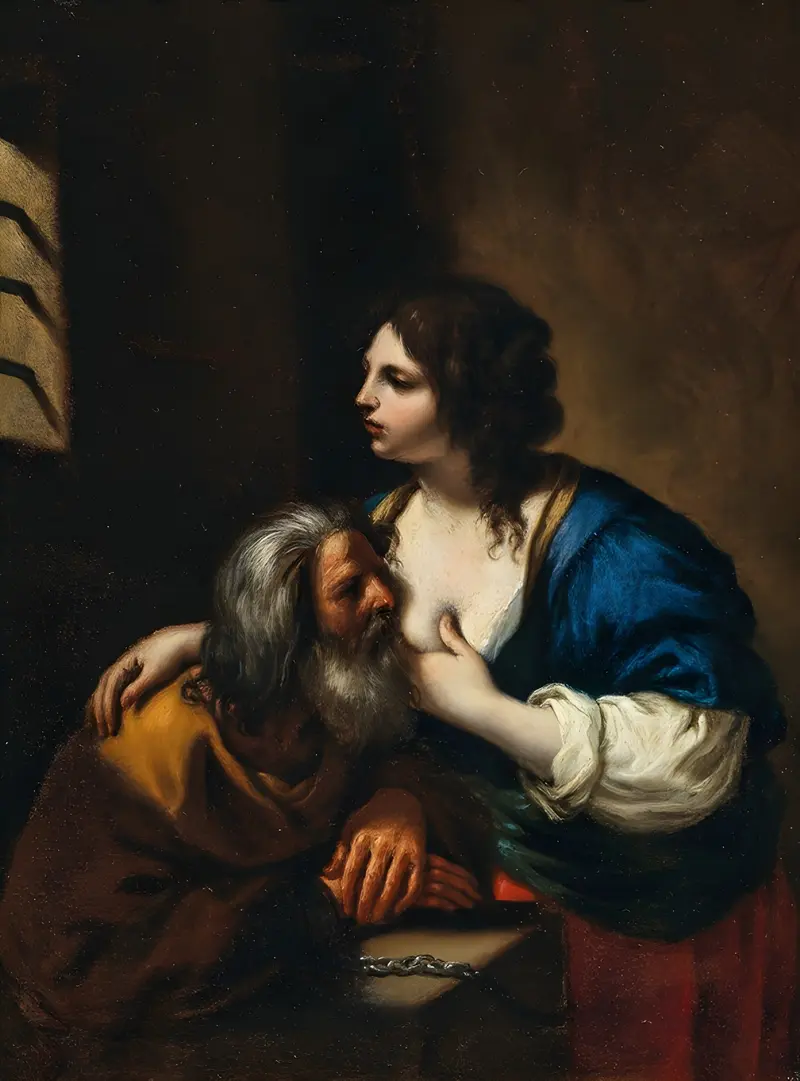 Guercino's 'Caritas Romana' depicts a tender moment of charity.