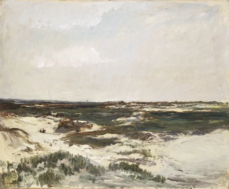 The Dunes at Camiers, oil painting by Charles François Daubigny depicting a serene landscape.