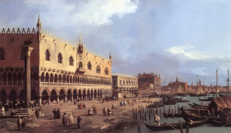 A Venetian waterfront scene showing a palace with arches, people walking and conversing, boats on the canal, and a distant cityscape with church towers under a bright sky.