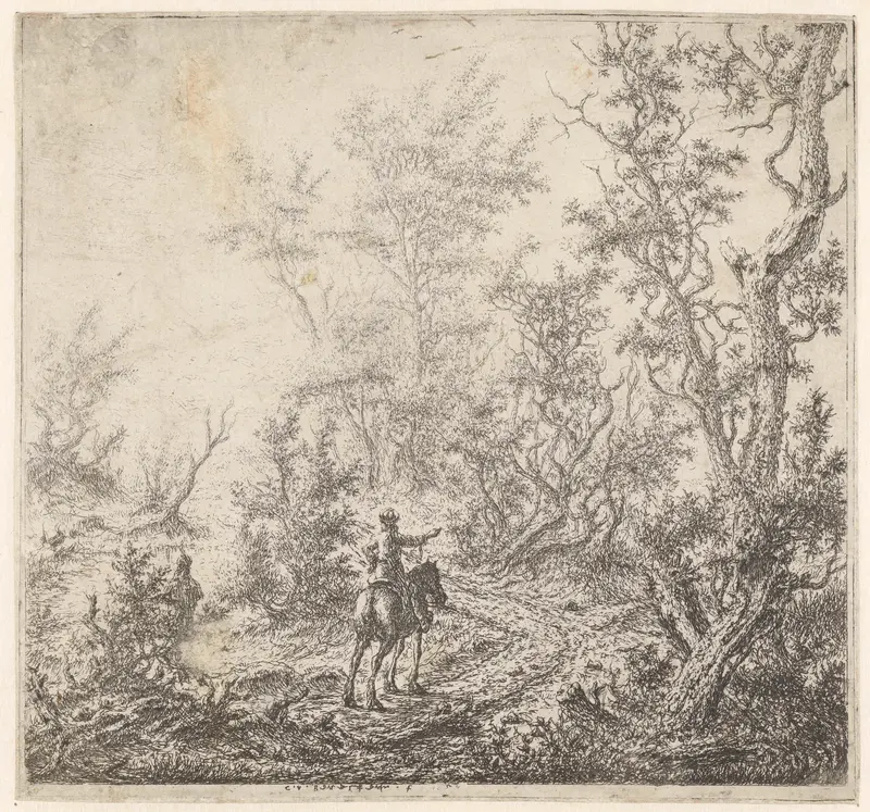 Landscape etching by Claes van Beresteyn featuring a horseman conversing with a man on a path.