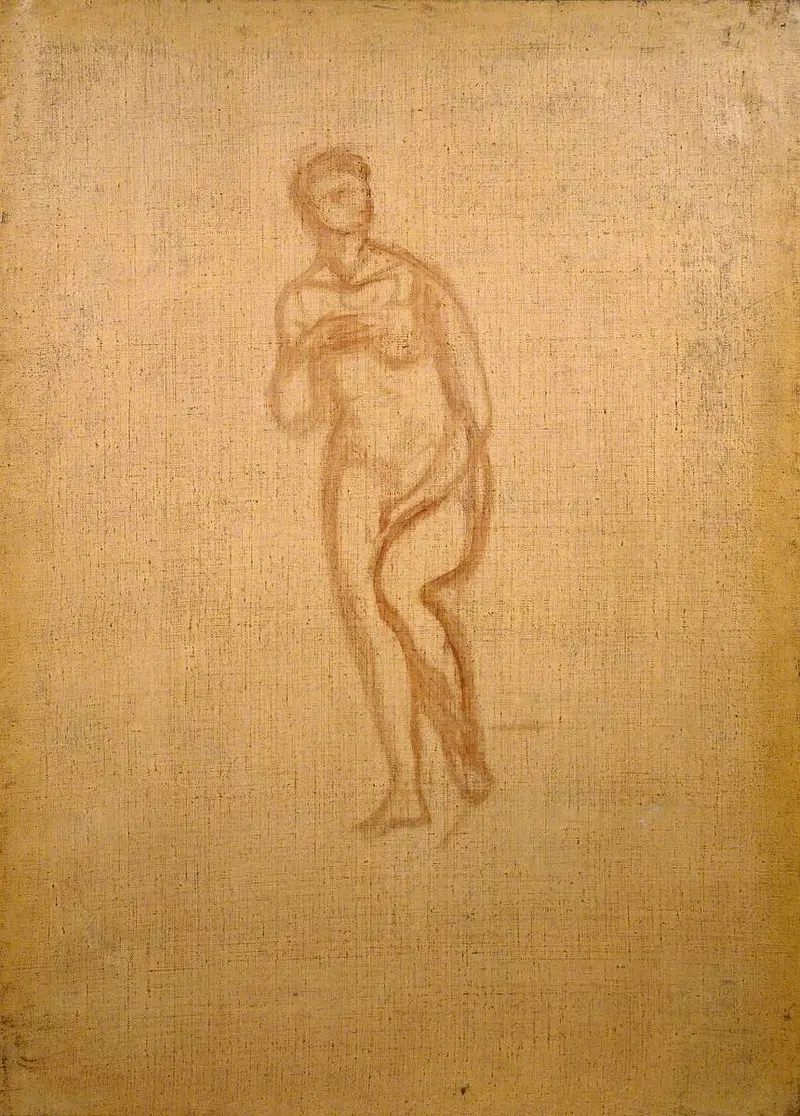 A minimalist outline of a female figure in a modest pose, inspired by classical art.