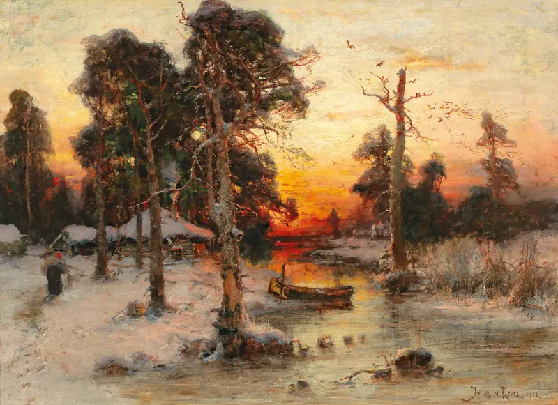 Landscape with a solitary figure on a winding path at sunset, oil painting by Julius Sergius Klever.