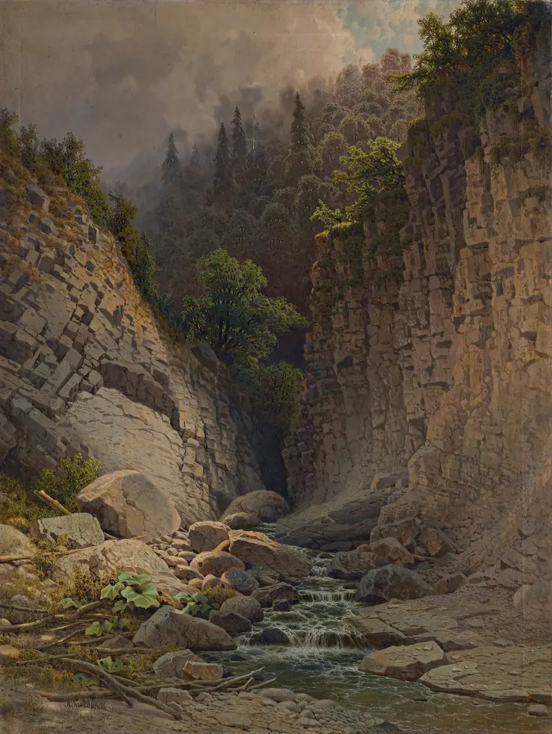 The Ravine by Ilya Nikolaevich Zankovsky, oil on canvas depicting dark trees and light.