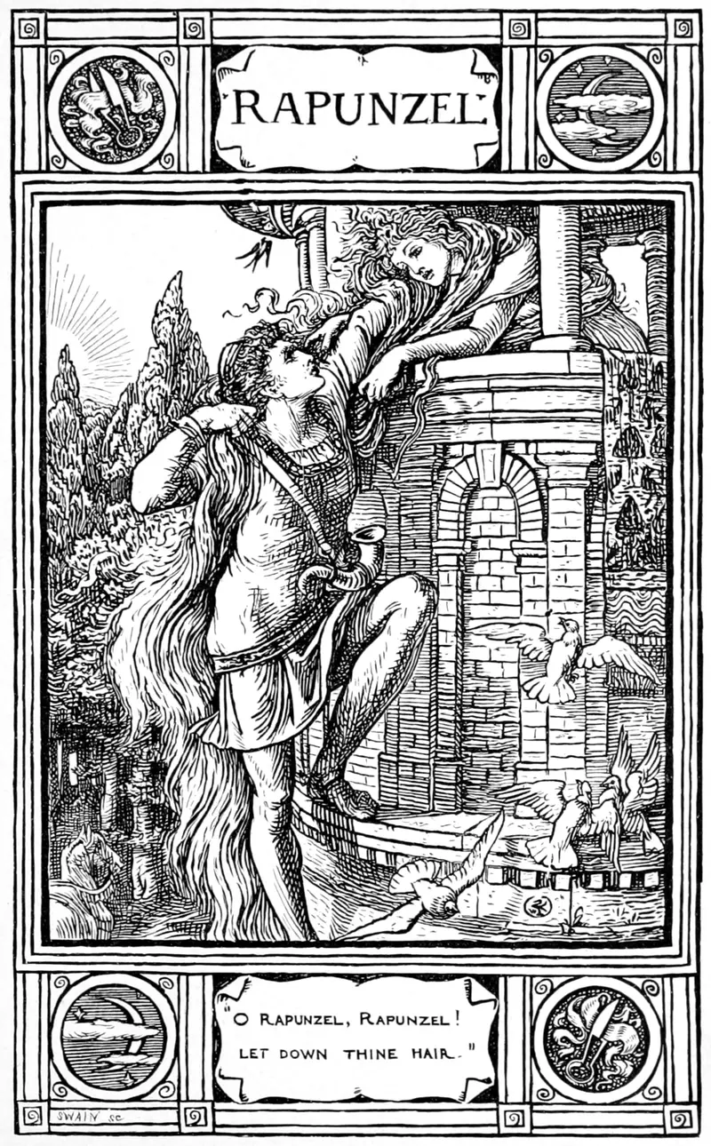 Walter Crane's 'Rapunzel' features a young woman with long hair in a lush garden setting.