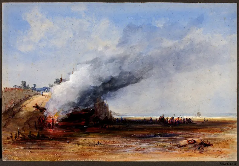 Burning of an Old Boat by Francis Danby, oil on canvas showing flames and a charred vessel
