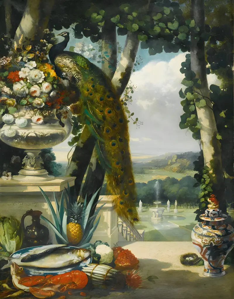A vibrant still life featuring a peacock, flowers, fruit, and a Japanese vase set against a park landscape.