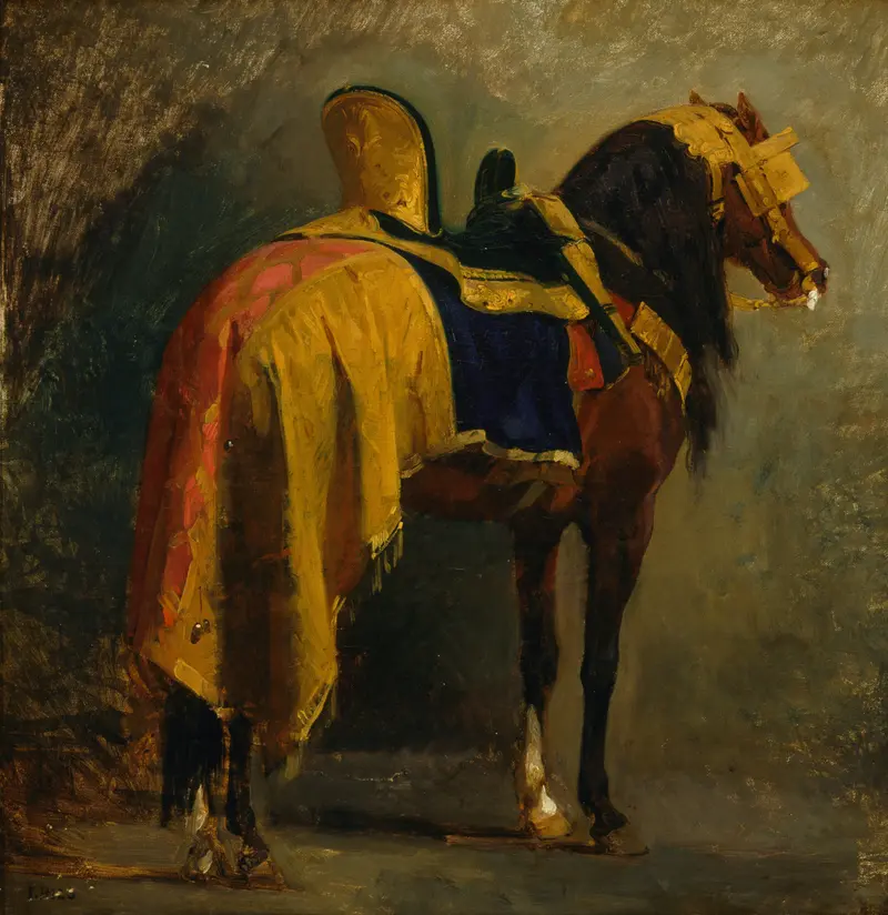 A detailed depiction of a horse adorned with intricate decorations.