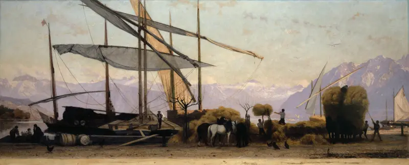 Oil painting by François Bocion depicting men unloading hay against a soft evening sky.