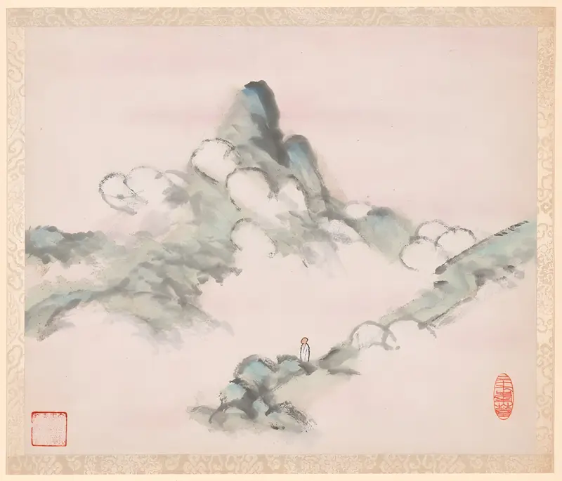 Landscape and calligraphy on paper by Xugu
