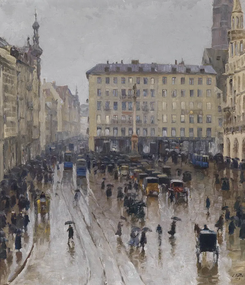 Blick auf den Marienplatz in München, oil on canvas by Charles Vetter