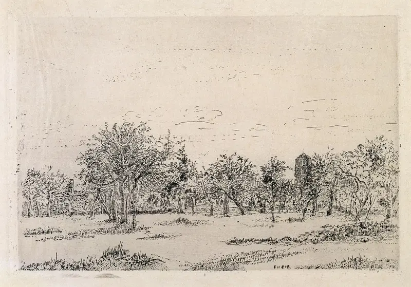 The Orchard by James Ensor, oil painting showing vibrant trees and sunlight filtering through an orchard.