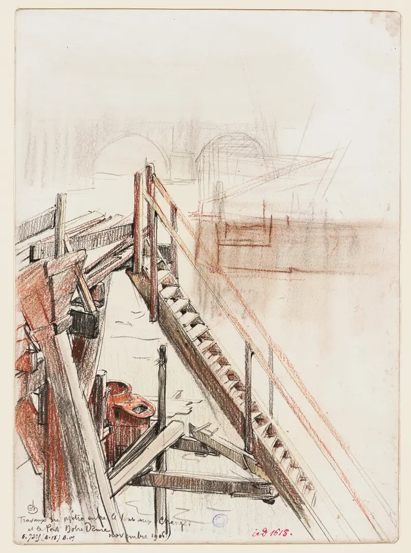 Watercolour by Charles Jouas depicting laborers in a Parisian urban scene