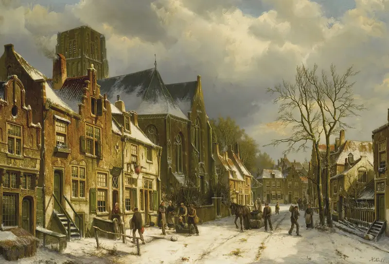 Winter scene in a Dutch town by Willem Koekkoek, oil painting