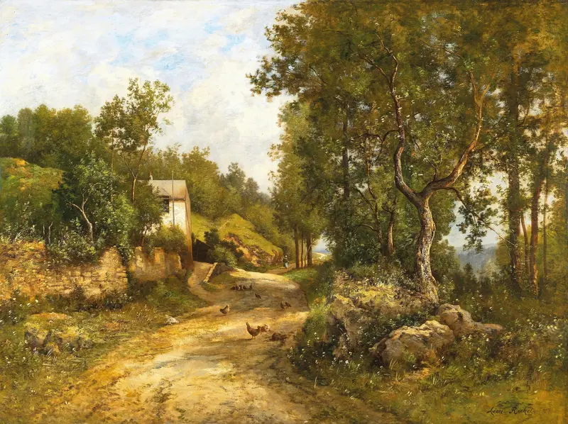 Oil painting by Leon Richet featuring rolling hills and twilight