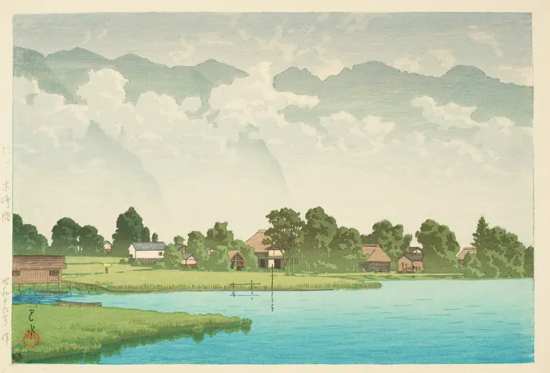 Woodblock print by Kawase Hasui depicting Kizaki Lake with ripples and lush greenery.