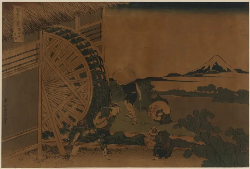 Ukiyo-e by Katsushika Hokusai depicting a waterwheel and river