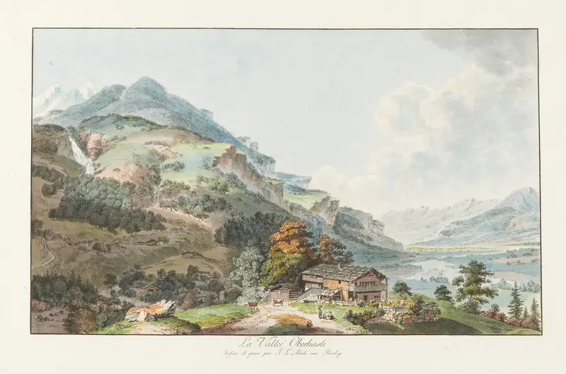 La Vallée Oberhasli by Johann Ludwig Aberli, oil painting featuring a valley and mountains.