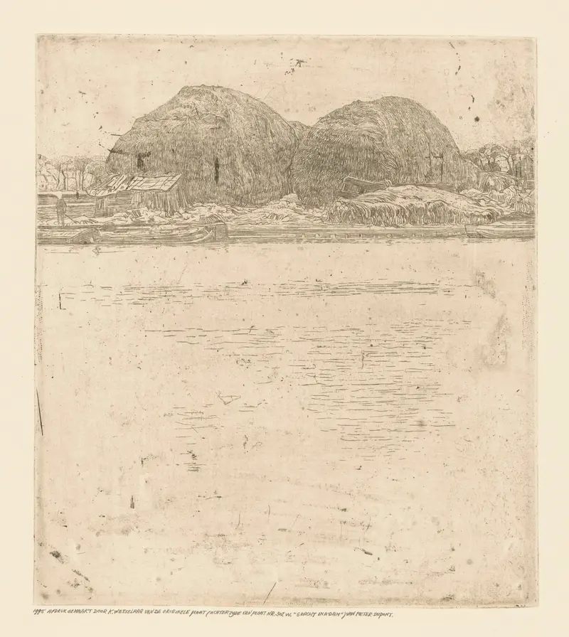 Landscape with two haystacks at dusk by Pieter Dupont, realism