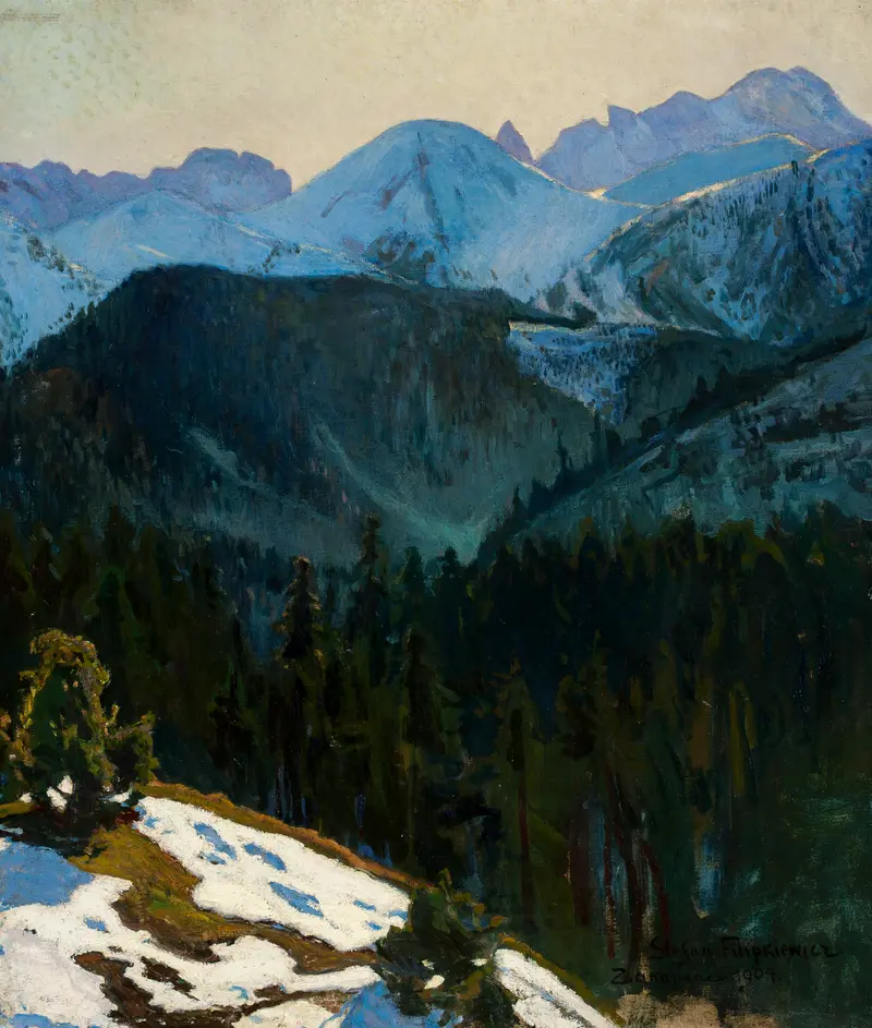 Tatra Mountain view by Stefan Filipkiewicz, oil painting depicting serene mountains and lush greens.