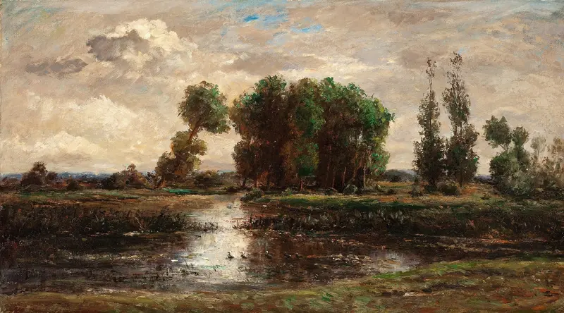 Bords de l’Oise by Karl Daubigny, oil painting depicting a tranquil riverside scene.