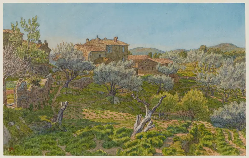 Fermes à Bormes by Henri Rivière, impressionism, depicting a tranquil village in amber light