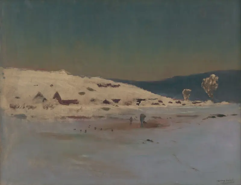 Winter landscape with snow-covered ground and muted colors, oil painting by Ladislav Mednyánszky