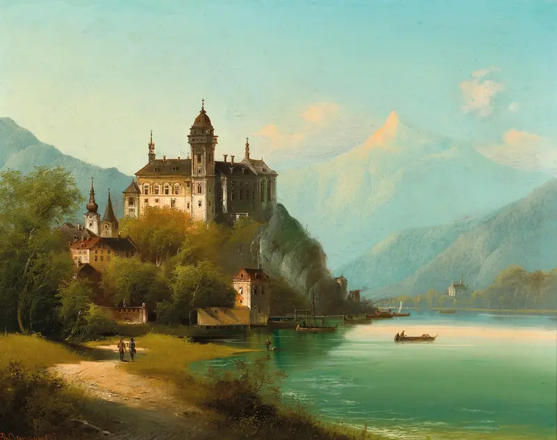 Oil painting by Johann Wilhelm Jankowsky of a castle by a mountain lake