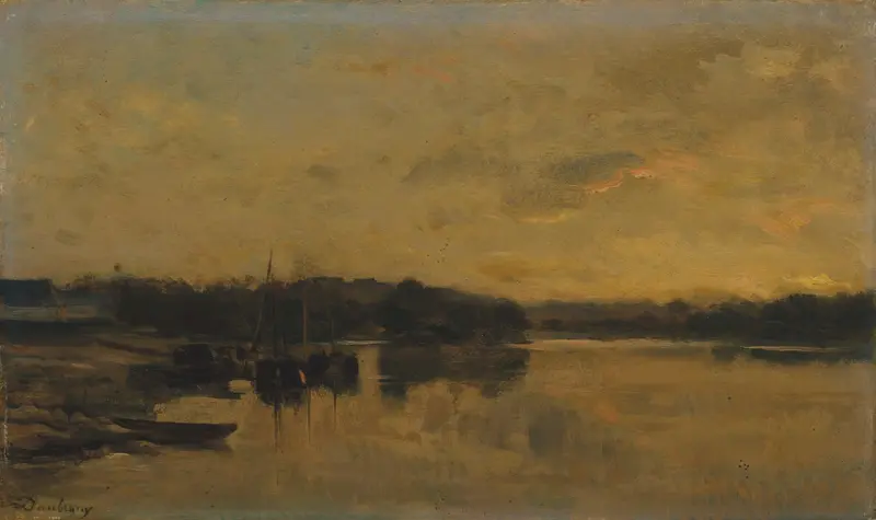 Oil painting by Charles François Daubigny depicting a river at dusk
