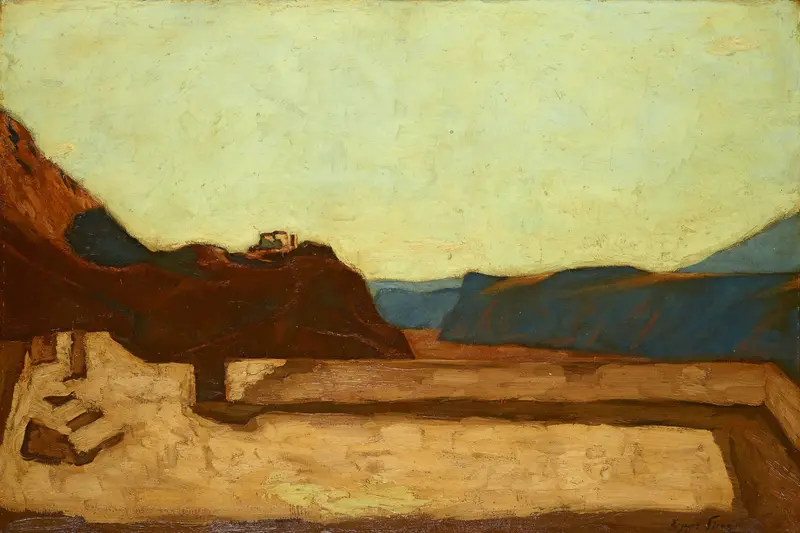 Figurative scene with figures on a hillside in golden light by Albin Egger Lienz, oil painting, 1922