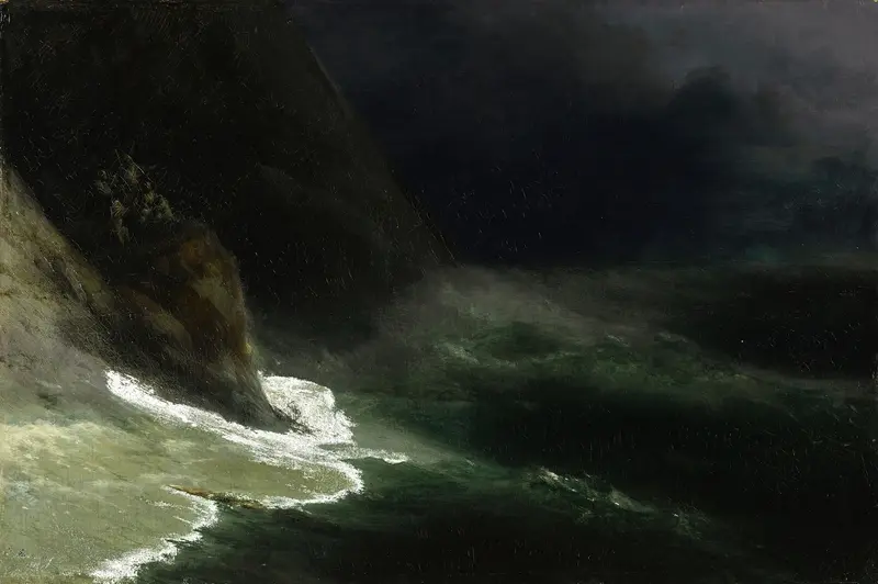Seascape by Ivan Aivazovsky, oil painting depicting ocean waves and sunset.