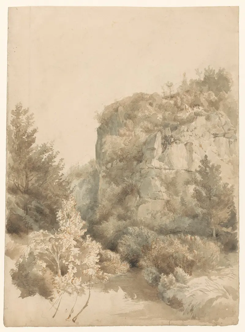Landscape with a stream and high rock by Lodewijk Johannes Kleijn, oil on canvas