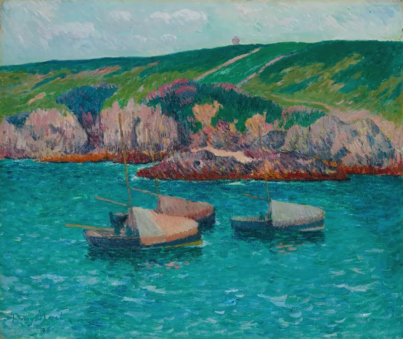Les Barques à Doëlan by Henry Moret, oil painting of boats on calm water