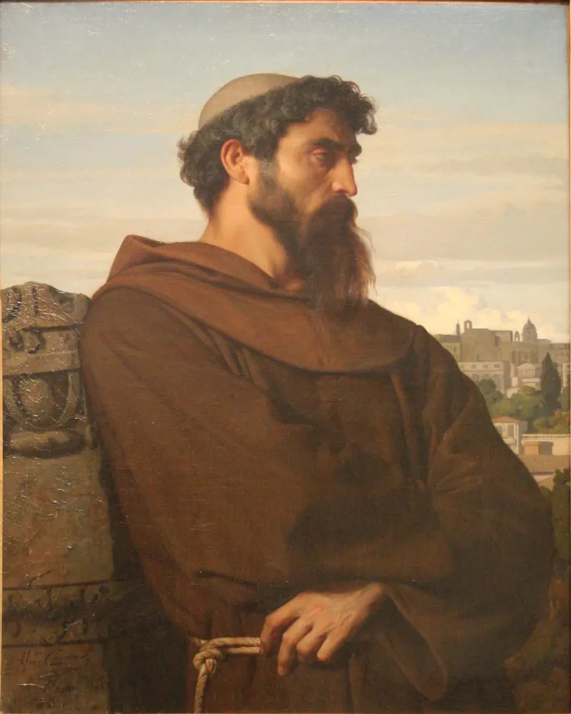 A young Roman monk in contemplation, seated in a sparse cell with a crucifix.