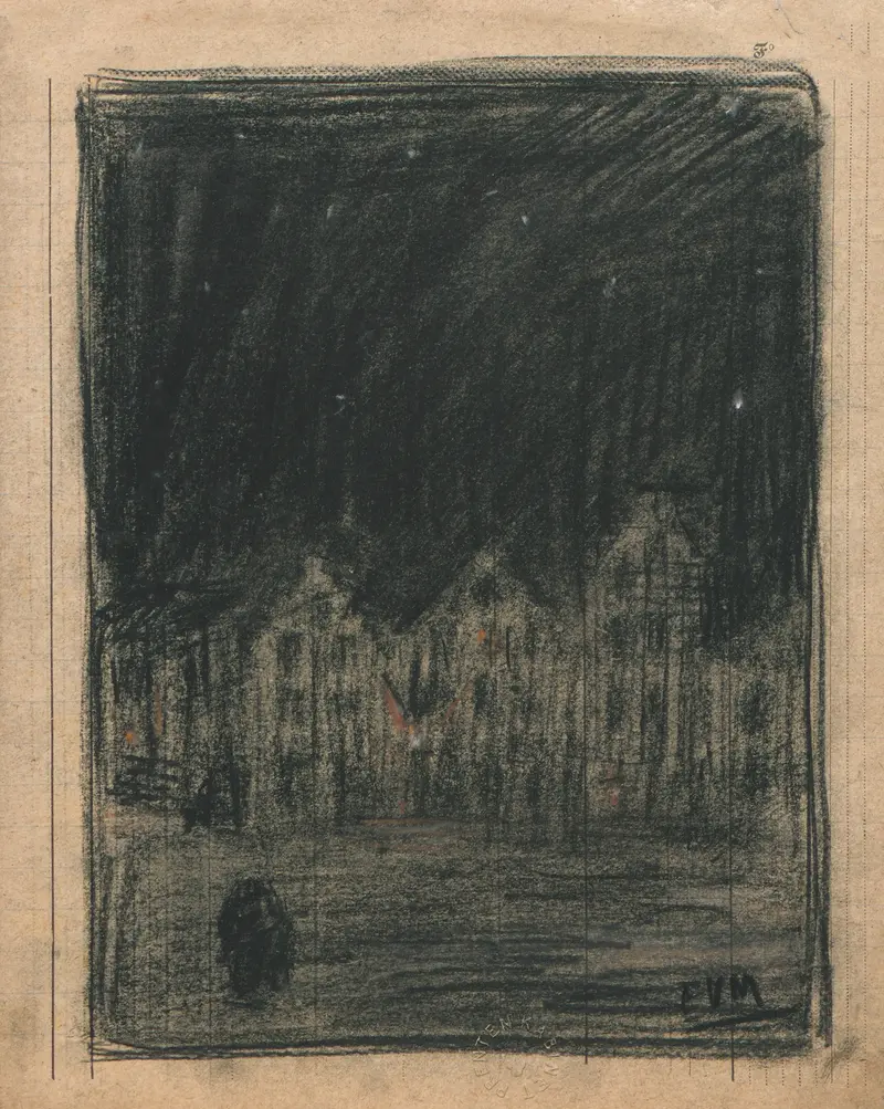 Huizen bij nacht, oil painting by Eugeen Van Mieghem depicting a tranquil village under night sky.