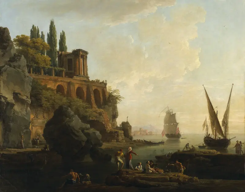 Marine scene with boats and sunset, oil painting by Claude-Joseph Vernet