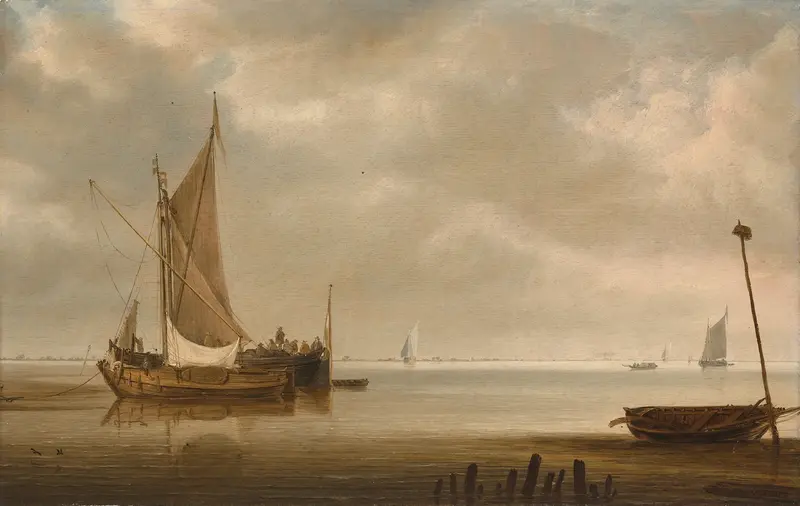 A calm estuary with ships at anchor by Simon de Vlieger, oil painting